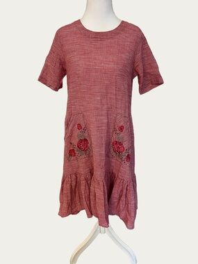 Bombay Paisley Women's Red Midi Gingham Dress with Rose Embroidery Pockets XS